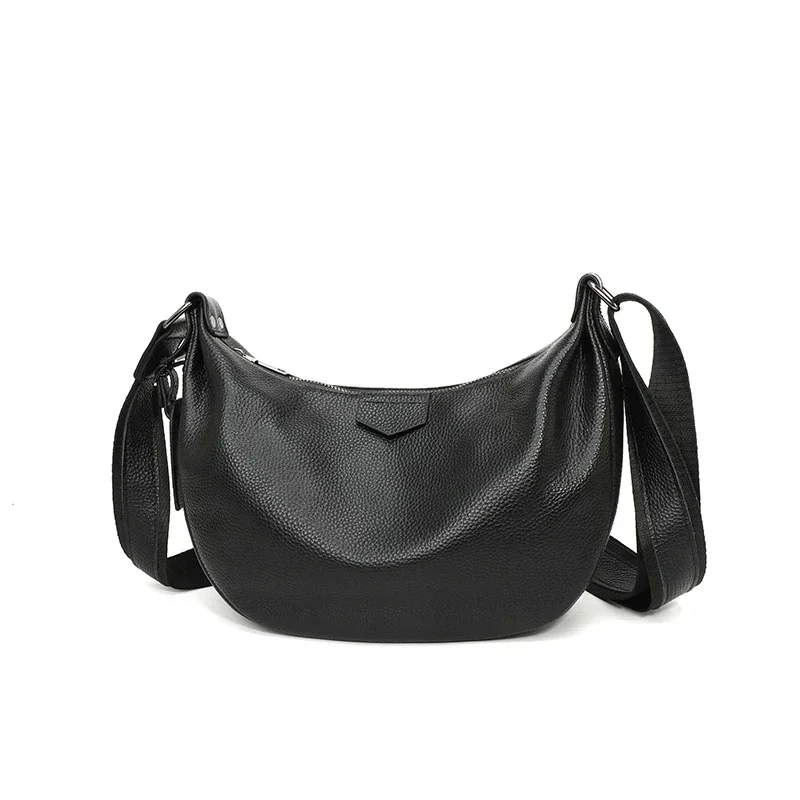 New Women Bags 100% Genuine Leather Underarm Totes Solid Color Commute Handbag Portable Adjustable Half Moon Female Shoulder Bag