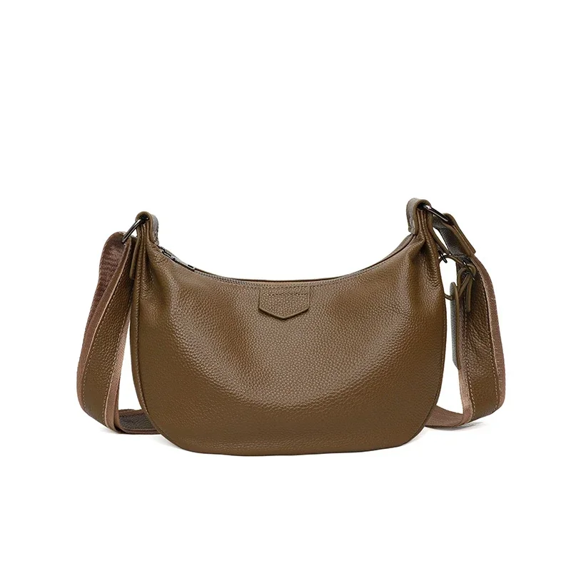 New Women Bags 100% Genuine Leather Underarm Totes Solid Color Commute Handbag Portable Adjustable Half Moon Female Shoulder Bag