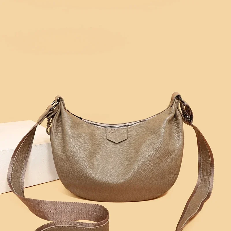 New Women Bags 100% Genuine Leather Underarm Totes Solid Color Commute Handbag Portable Adjustable Half Moon Female Shoulder Bag