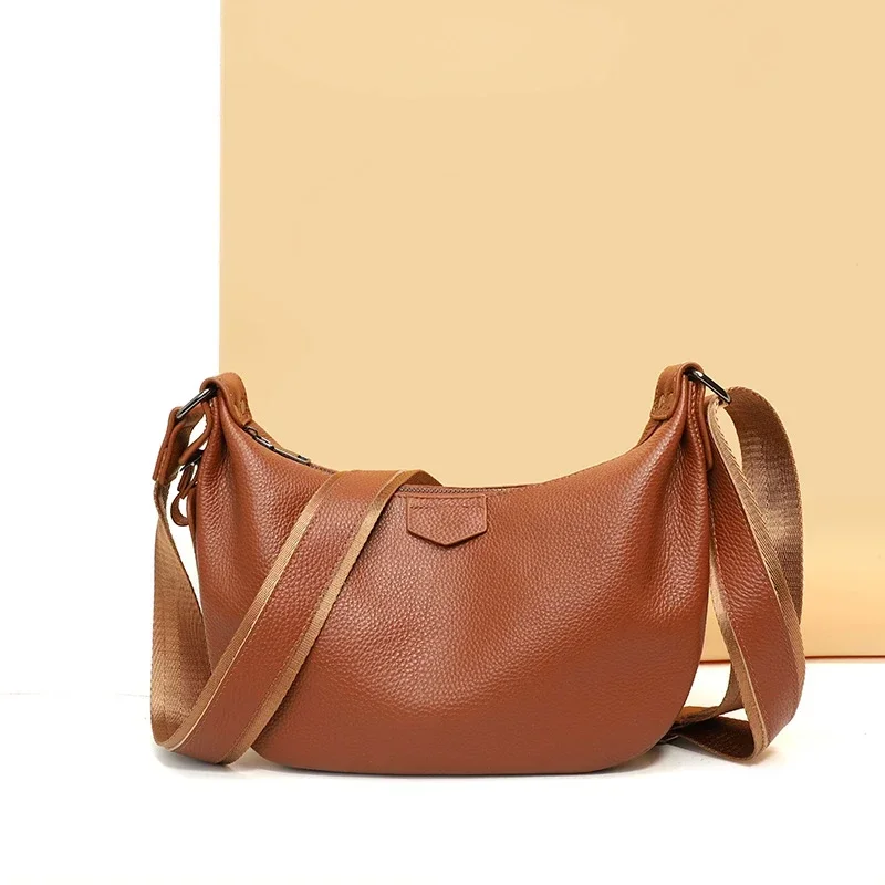 New Women Bags 100% Genuine Leather Underarm Totes Solid Color Commute Handbag Portable Adjustable Half Moon Female Shoulder Bag
