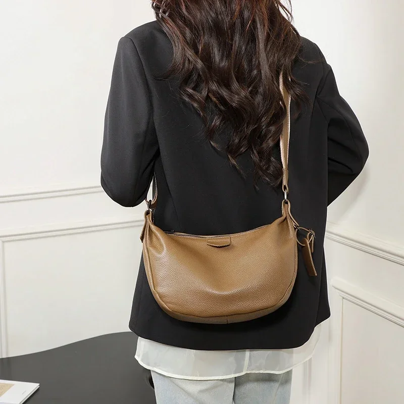 New Women Bags 100% Genuine Leather Underarm Totes Solid Color Commute Handbag Portable Adjustable Half Moon Female Shoulder Bag