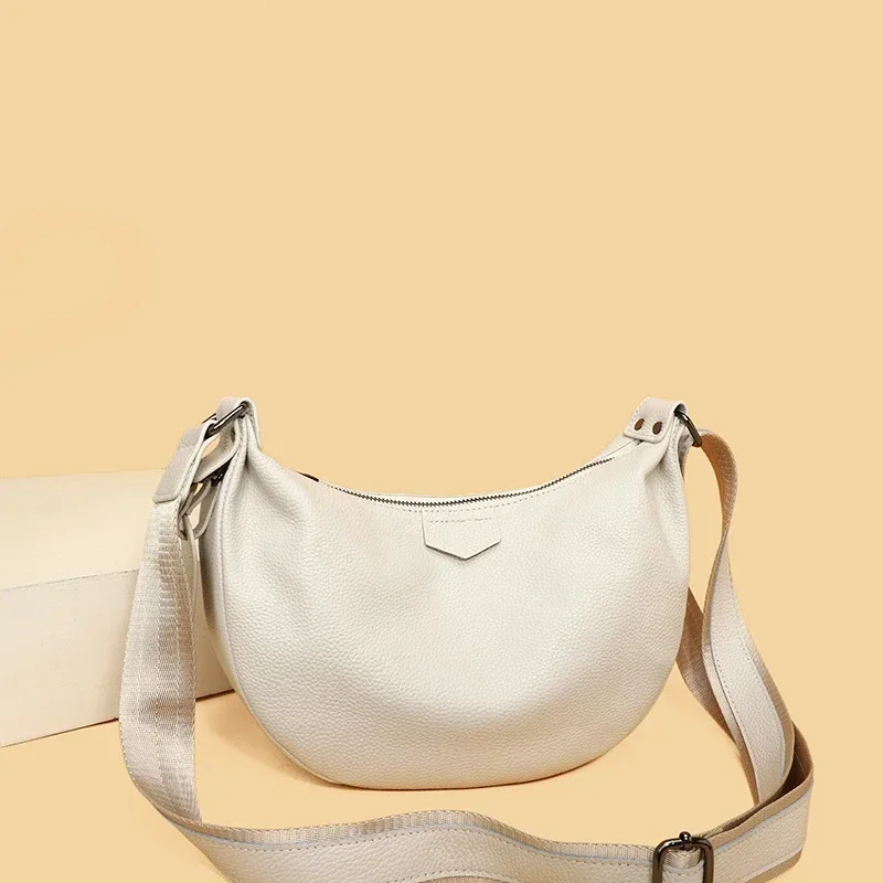 New Women Bags 100% Genuine Leather Underarm Totes Solid Color Commute Handbag Portable Adjustable Half Moon Female Shoulder Bag