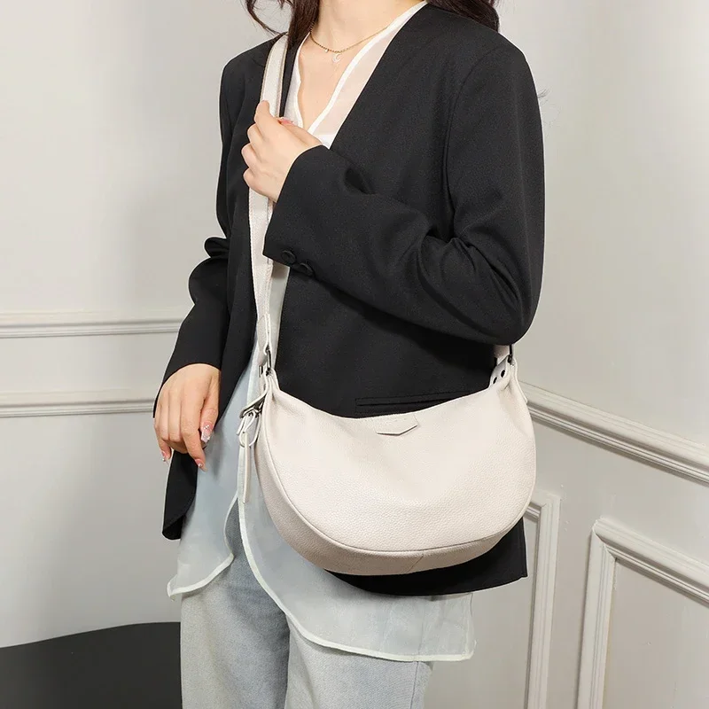 New Women Bags 100% Genuine Leather Underarm Totes Solid Color Commute Handbag Portable Adjustable Half Moon Female Shoulder Bag