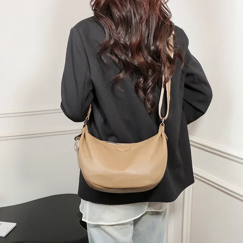 New Women Bags 100% Genuine Leather Underarm Totes Solid Color Commute Handbag Portable Adjustable Half Moon Female Shoulder Bag