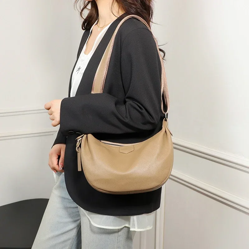 New Women Bags 100% Genuine Leather Underarm Totes Solid Color Commute Handbag Portable Adjustable Half Moon Female Shoulder Bag