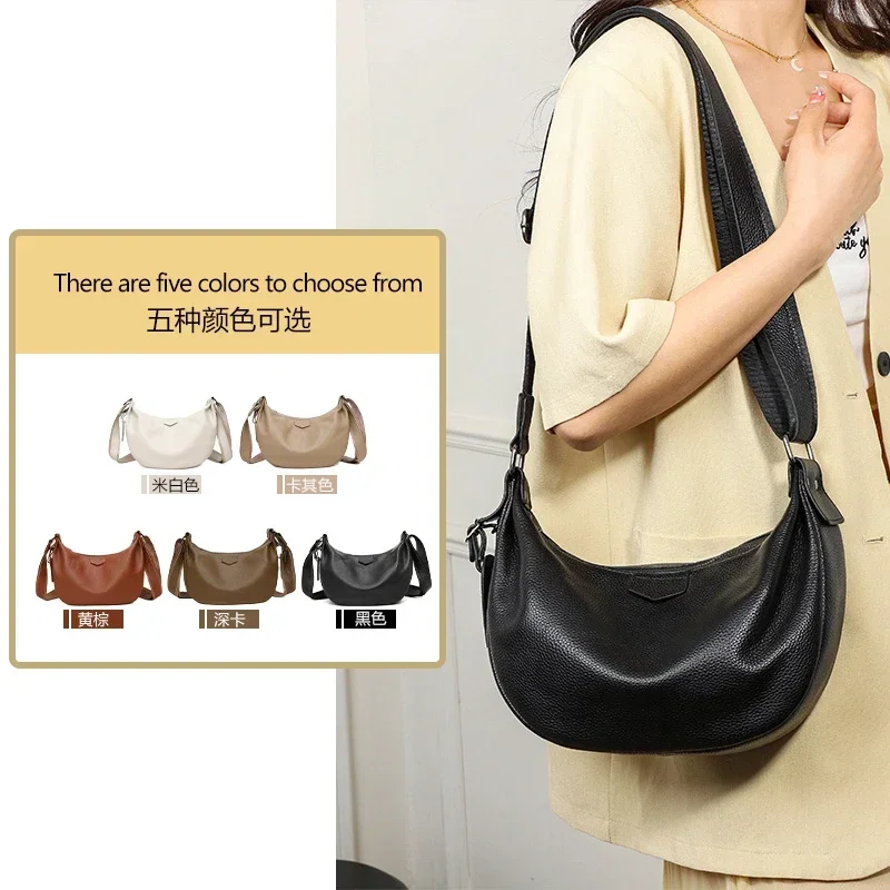 New Women Bags 100% Genuine Leather Underarm Totes Solid Color Commute Handbag Portable Adjustable Half Moon Female Shoulder Bag