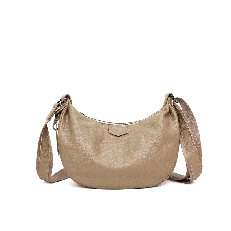 New Women Bags 100% Genuine Leather Underarm Totes Solid Color Commute Handbag Portable Adjustable Half Moon Female Shoulder Bag