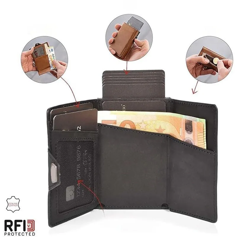 Pop-up Slim RFID Card Holder for Men Minimalist Leather Credit Card Wallet with Coin Purse and Cash Slot Travel Small Purse