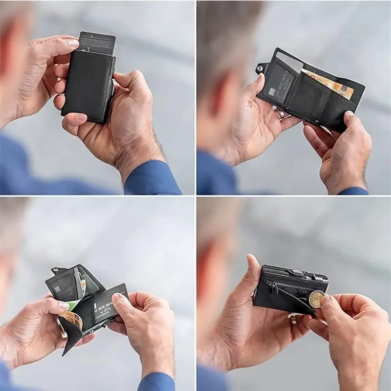 Pop-up Slim RFID Card Holder for Men Minimalist Leather Credit Card Wallet with Coin Purse and Cash Slot Travel Small Purse