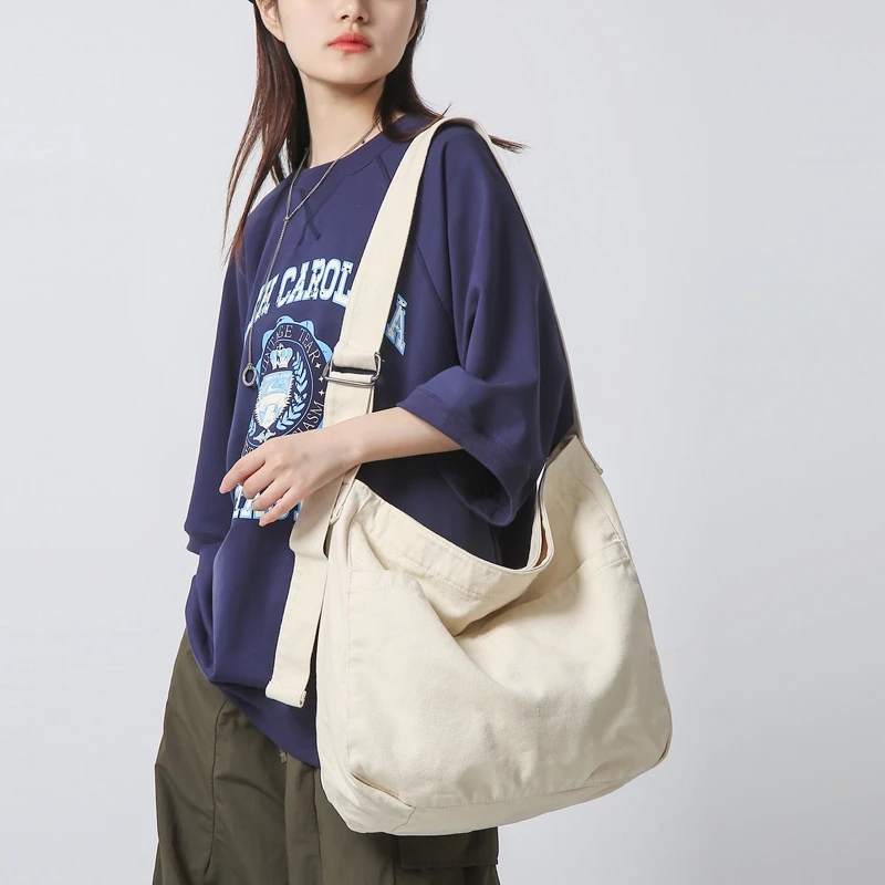 Women Casual Canvas School Crossbody Bags For Student Female Solid Color Large Capacity Tote Bag Trendy Cool Men Shoulder Bag