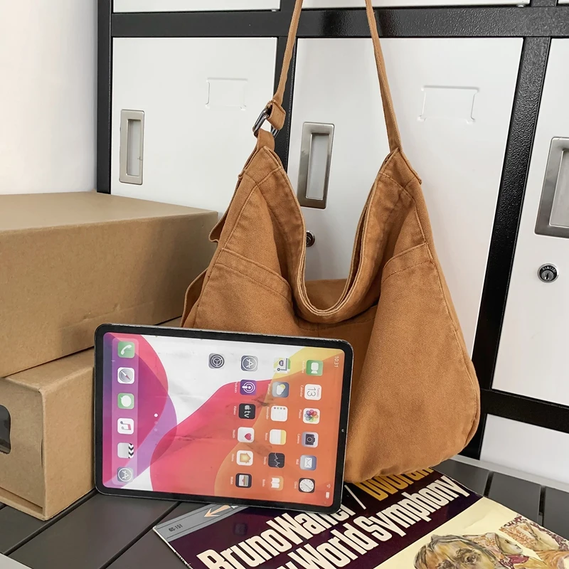 Women Casual Canvas School Crossbody Bags For Student Female Solid Color Large Capacity Tote Bag Trendy Cool Men Shoulder Bag