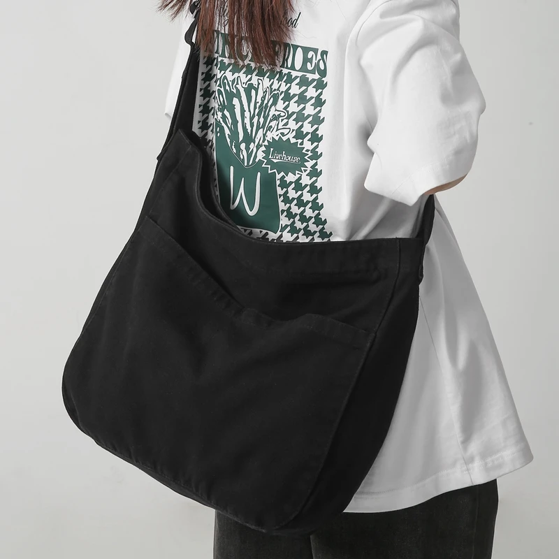 Women Casual Canvas School Crossbody Bags For Student Female Solid Color Large Capacity Tote Bag Trendy Cool Men Shoulder Bag