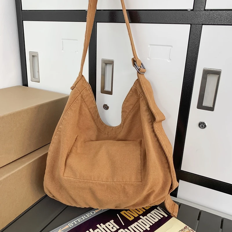 Women Casual Canvas School Crossbody Bags For Student Female Solid Color Large Capacity Tote Bag Trendy Cool Men Shoulder Bag