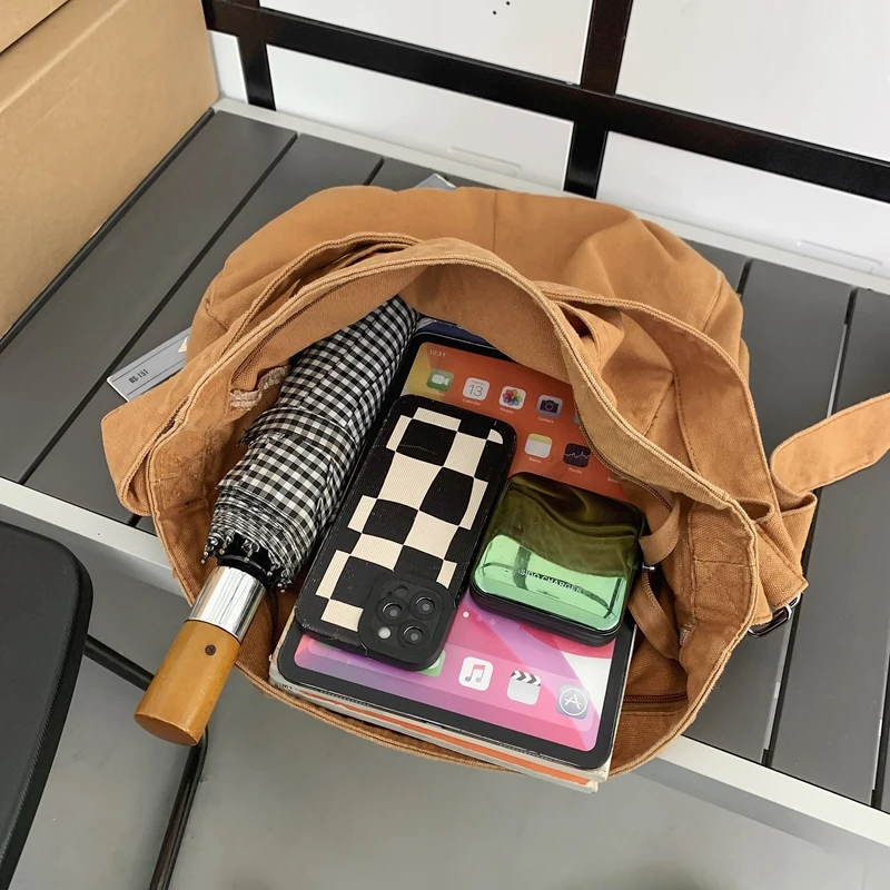Women Casual Canvas School Crossbody Bags For Student Female Solid Color Large Capacity Tote Bag Trendy Cool Men Shoulder Bag