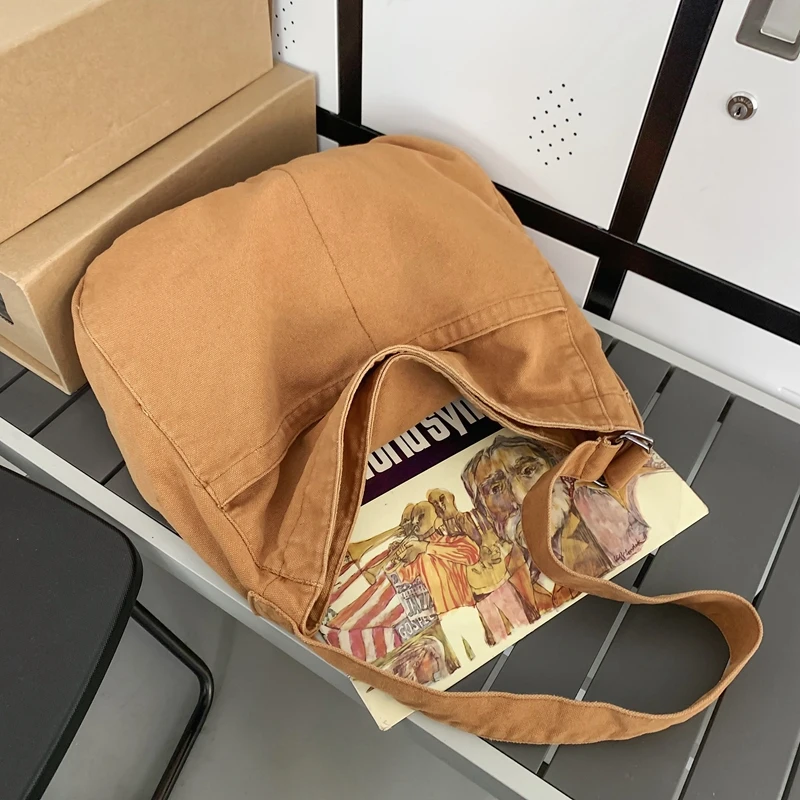 Women Casual Canvas School Crossbody Bags For Student Female Solid Color Large Capacity Tote Bag Trendy Cool Men Shoulder Bag