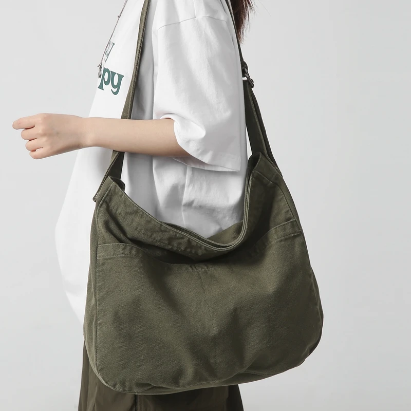 Women Casual Canvas School Crossbody Bags For Student Female Solid Color Large Capacity Tote Bag Trendy Cool Men Shoulder Bag