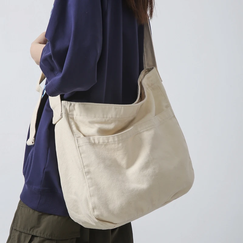 Women Casual Canvas School Crossbody Bags For Student Female Solid Color Large Capacity Tote Bag Trendy Cool Men Shoulder Bag