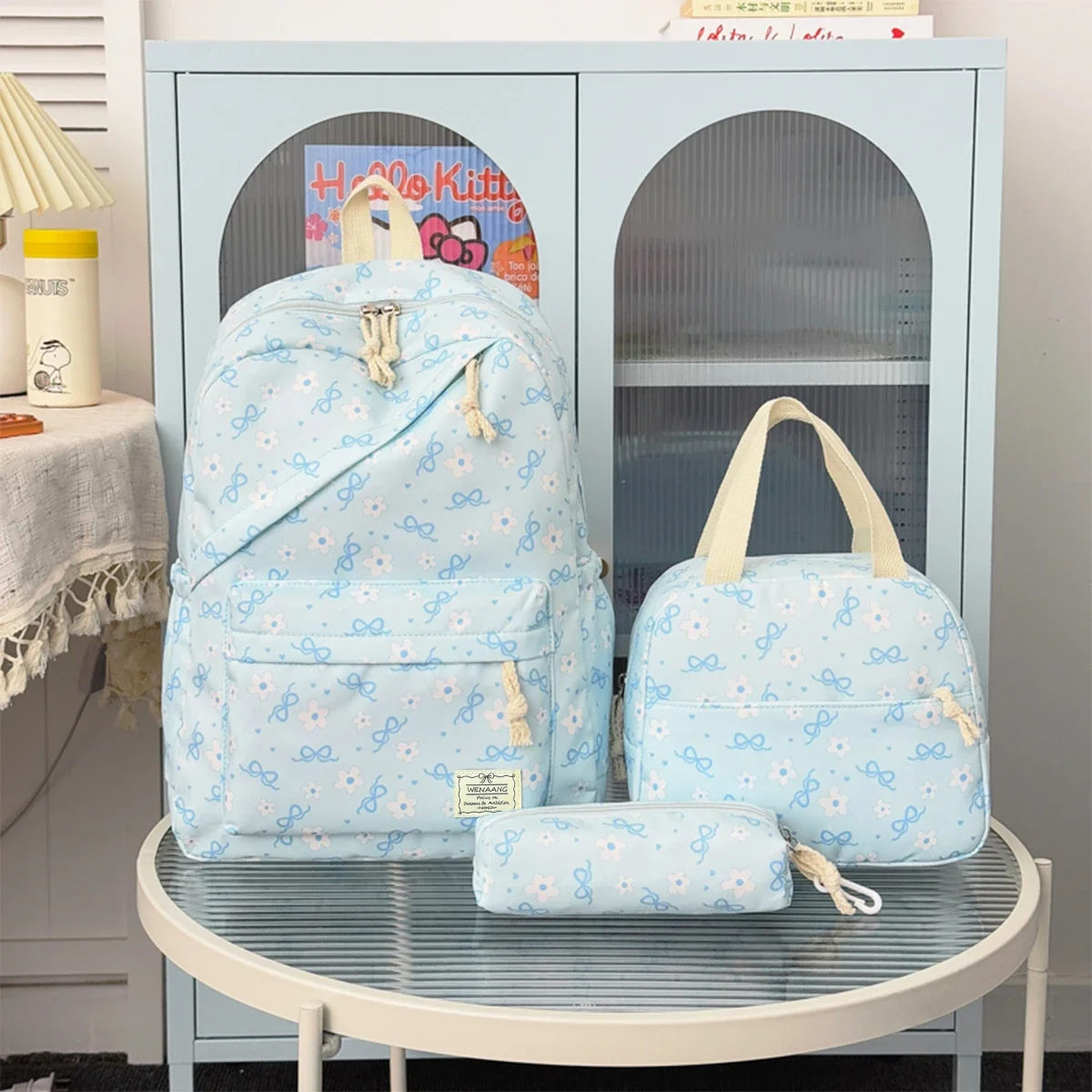High Aesthetic Bow Flower Print Three Piece Backpack Set Nylon Lightweight Large Capacity Girls Backpack Campus Student Backpack