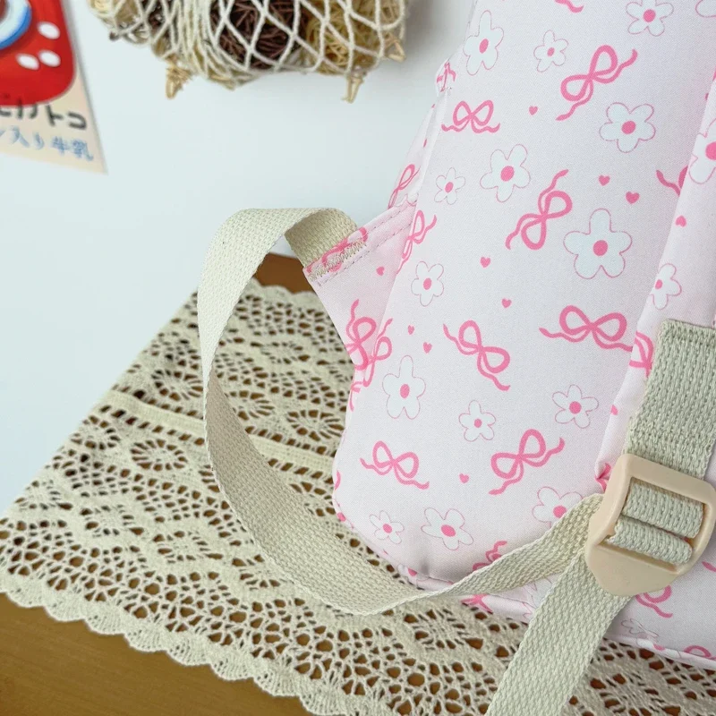 High Aesthetic Bow Flower Print Three Piece Backpack Set Nylon Lightweight Large Capacity Girls Backpack Campus Student Backpack