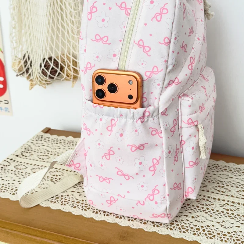 High Aesthetic Bow Flower Print Three Piece Backpack Set Nylon Lightweight Large Capacity Girls Backpack Campus Student Backpack