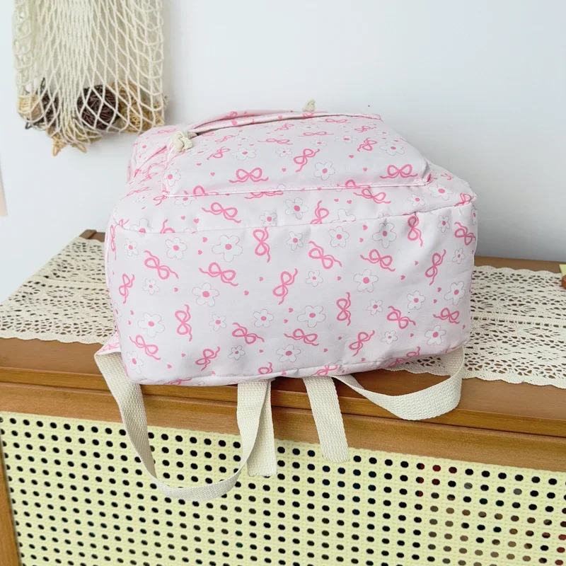 High Aesthetic Bow Flower Print Three Piece Backpack Set Nylon Lightweight Large Capacity Girls Backpack Campus Student Backpack