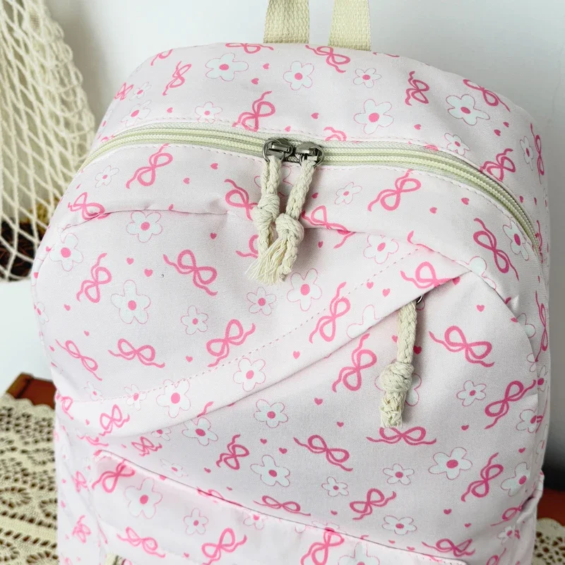 High Aesthetic Bow Flower Print Three Piece Backpack Set Nylon Lightweight Large Capacity Girls Backpack Campus Student Backpack