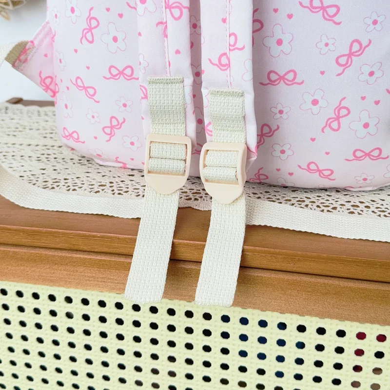 High Aesthetic Bow Flower Print Three Piece Backpack Set Nylon Lightweight Large Capacity Girls Backpack Campus Student Backpack