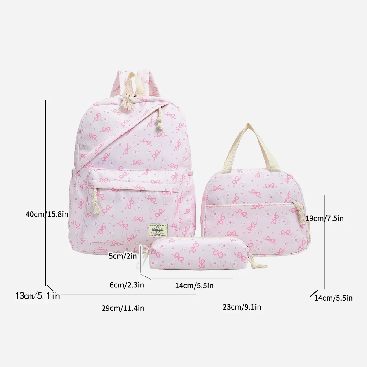 High Aesthetic Bow Flower Print Three Piece Backpack Set Nylon Lightweight Large Capacity Girls Backpack Campus Student Backpack