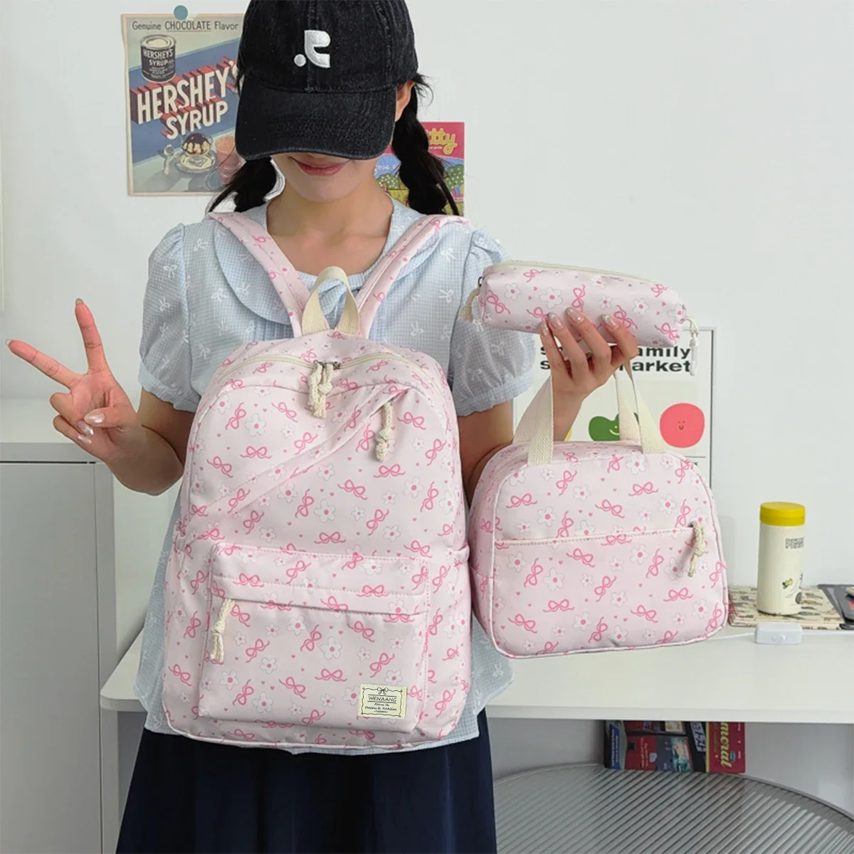 High Aesthetic Bow Flower Print Three Piece Backpack Set Nylon Lightweight Large Capacity Girls Backpack Campus Student Backpack