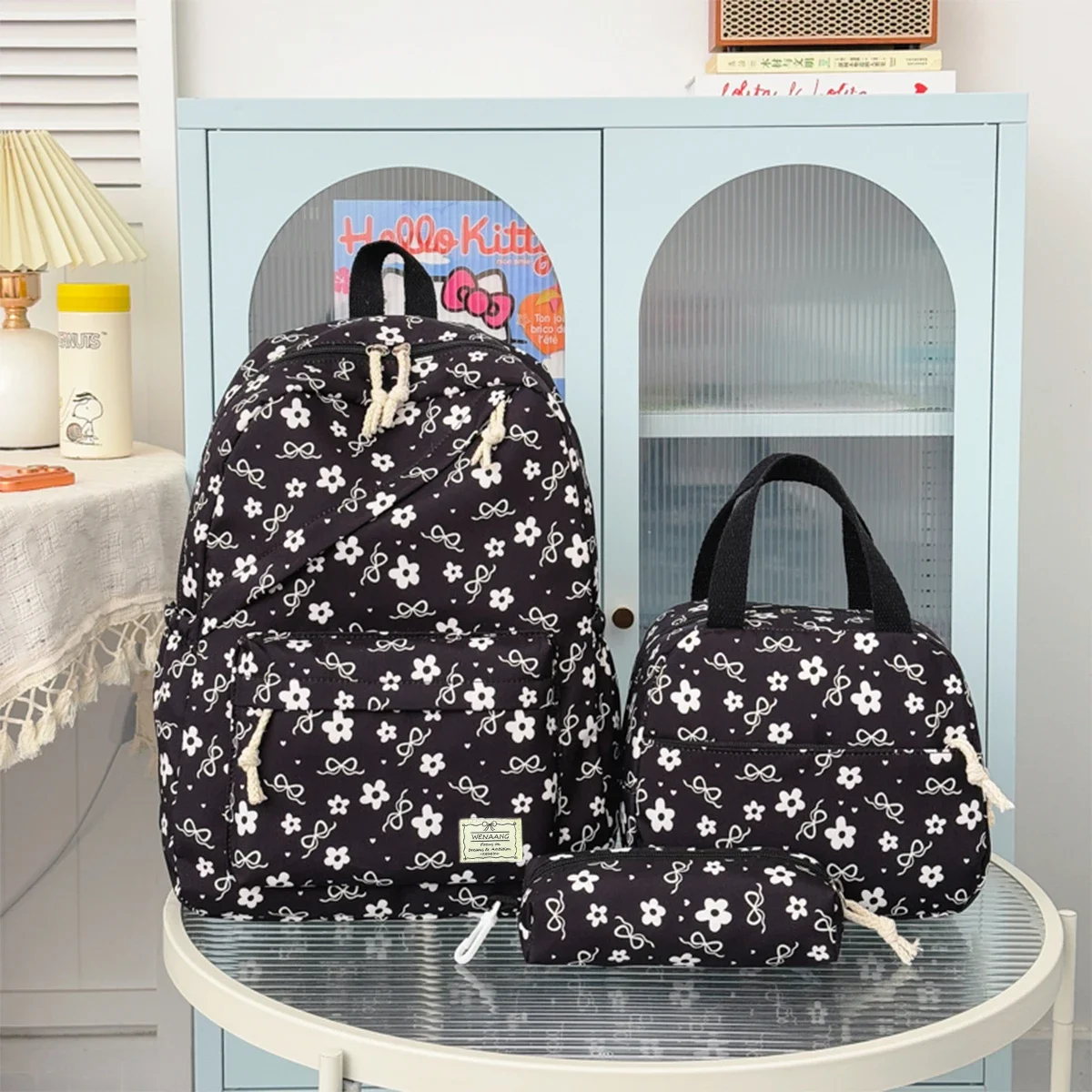 High Aesthetic Bow Flower Print Three Piece Backpack Set Nylon Lightweight Large Capacity Girls Backpack Campus Student Backpack
