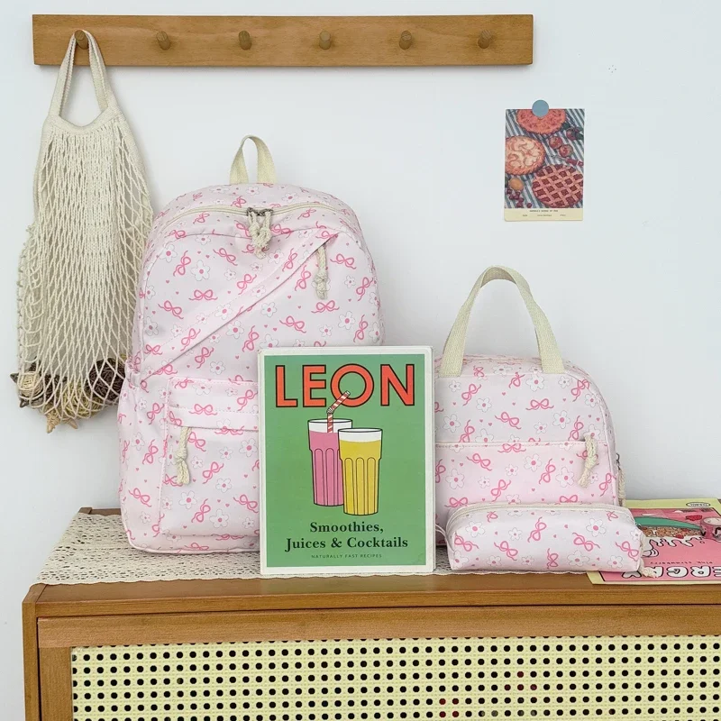 High Aesthetic Bow Flower Print Three Piece Backpack Set Nylon Lightweight Large Capacity Girls Backpack Campus Student Backpack