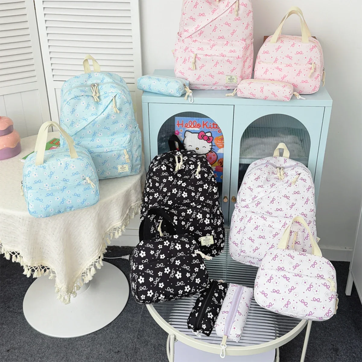 High Aesthetic Bow Flower Print Three Piece Backpack Set Nylon Lightweight Large Capacity Girls Backpack Campus Student Backpack
