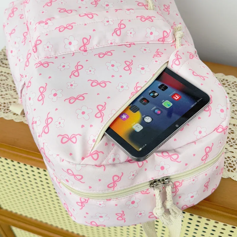 High Aesthetic Bow Flower Print Three Piece Backpack Set Nylon Lightweight Large Capacity Girls Backpack Campus Student Backpack
