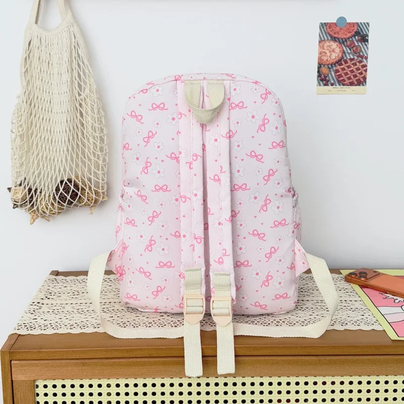 High Aesthetic Bow Flower Print Three Piece Backpack Set Nylon Lightweight Large Capacity Girls Backpack Campus Student Backpack