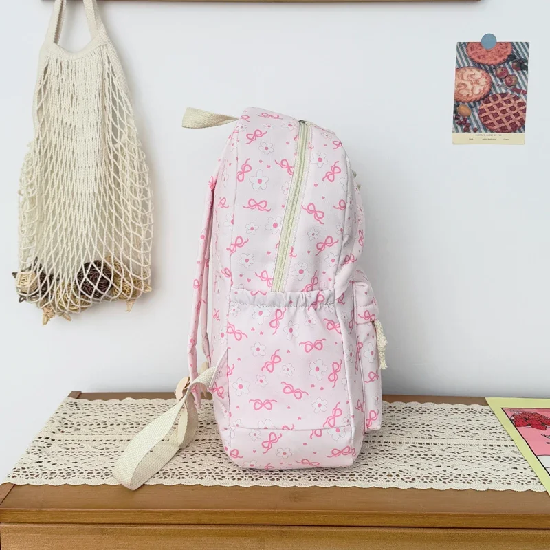 High Aesthetic Bow Flower Print Three Piece Backpack Set Nylon Lightweight Large Capacity Girls Backpack Campus Student Backpack