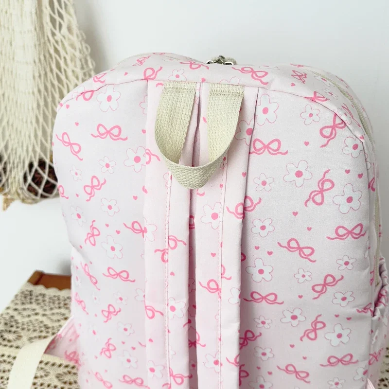 High Aesthetic Bow Flower Print Three Piece Backpack Set Nylon Lightweight Large Capacity Girls Backpack Campus Student Backpack