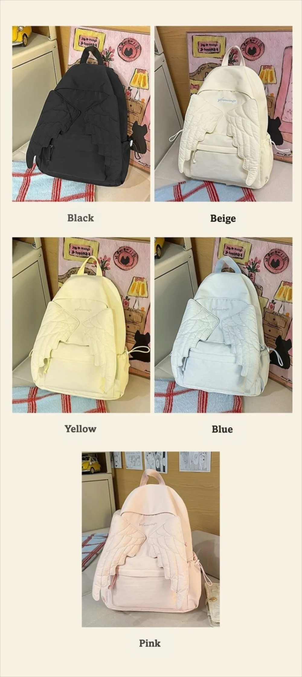 Versatile Angel Wing Backpack Y2k Style Large Capacity Canvas Backpack Solid Color Lightweight School Bag for Adults Student