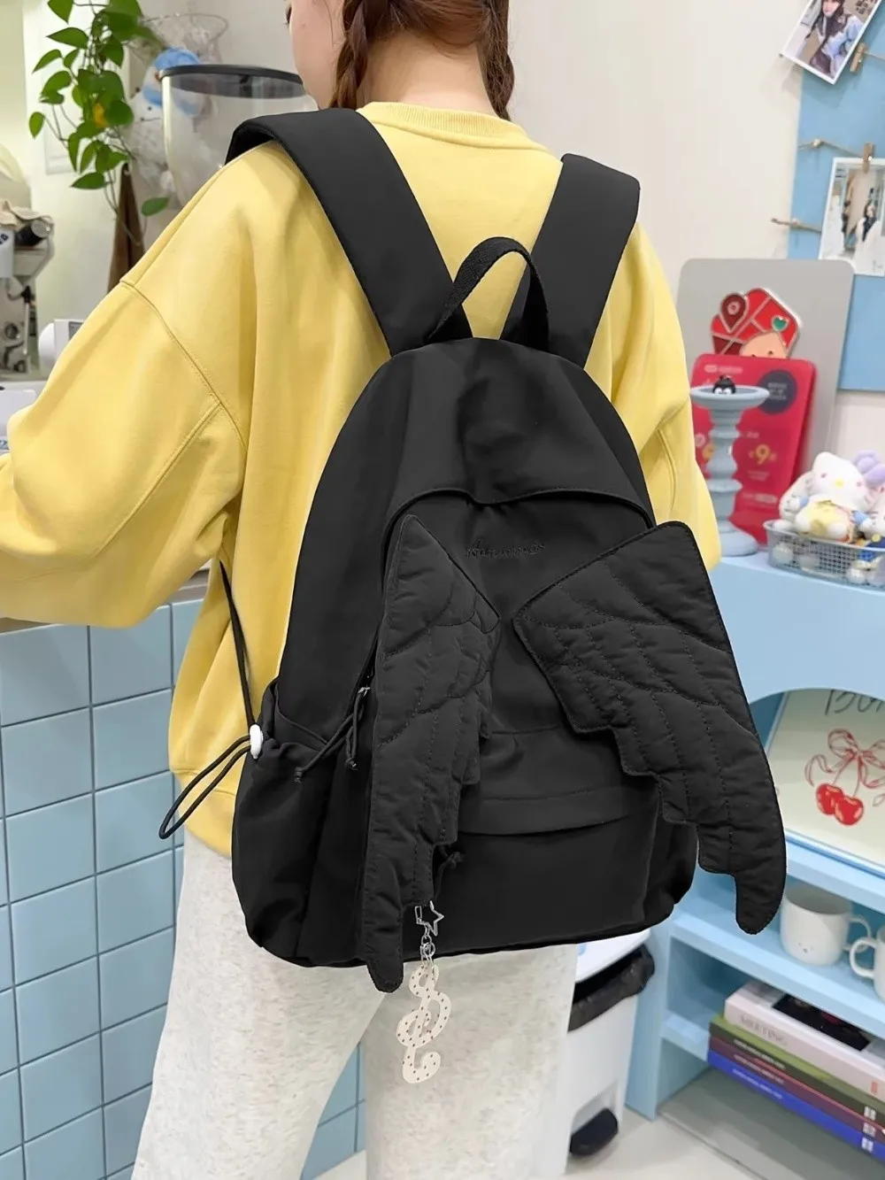 Versatile Angel Wing Backpack Y2k Style Large Capacity Canvas Backpack Solid Color Lightweight School Bag for Adults Student