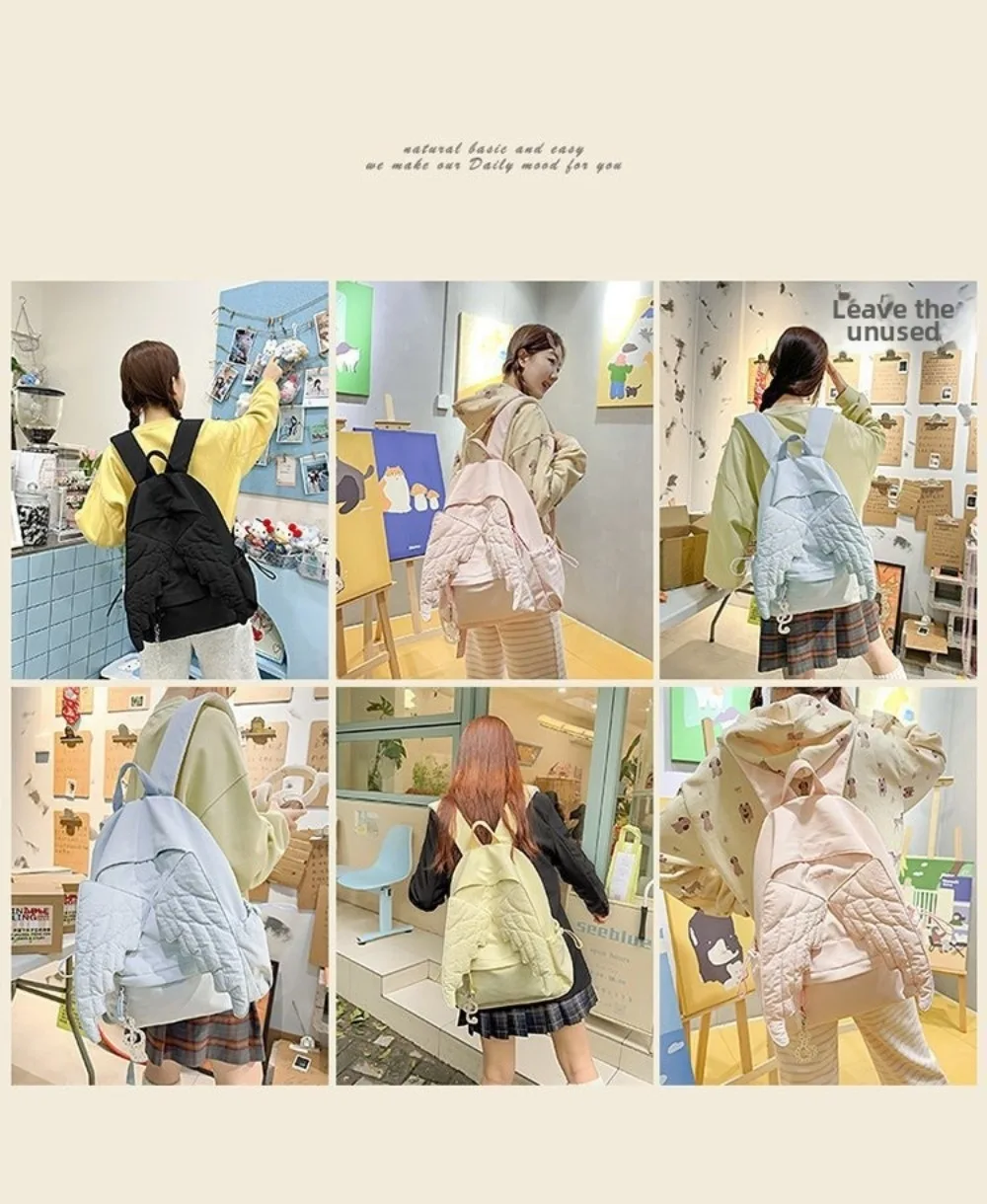 Versatile Angel Wing Backpack Y2k Style Large Capacity Canvas Backpack Solid Color Lightweight School Bag for Adults Student