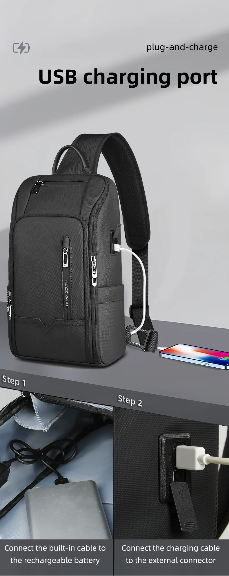 HK Anti-theft Men's Shoulder Bag Waterproof Chest Crossbody Bag with USB Oxford Leisure Satchel Multi-Pockets Sling Bag for Male