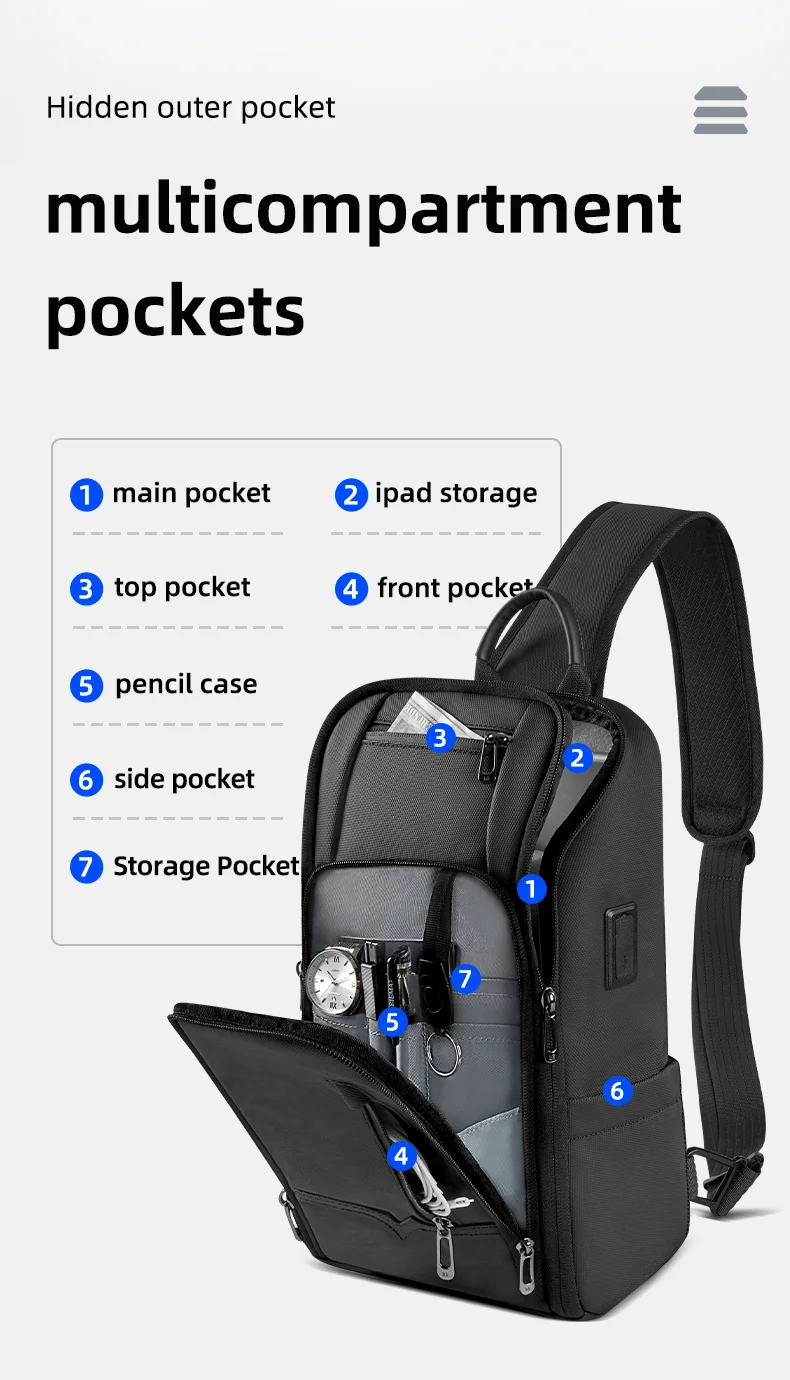 HK Anti-theft Men's Shoulder Bag Waterproof Chest Crossbody Bag with USB Oxford Leisure Satchel Multi-Pockets Sling Bag for Male