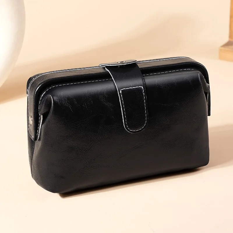Genuine Leather Makeup Bag Vintage Cosmetic Bag for Women Girl Button Coin Purse Large Capacity Makeup Case Waterproof