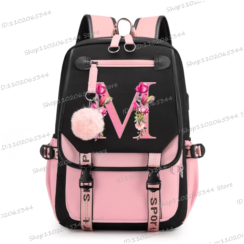 Teenage Black Pink Backpacks 26 Initials Flower A-Z Alphabet Large Capacity Harajuku Fashion Zipper Aesthetic Students Bookbag