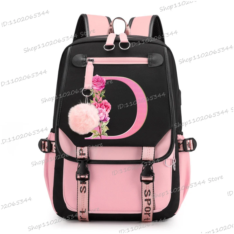 Teenage Black Pink Backpacks 26 Initials Flower A-Z Alphabet Large Capacity Harajuku Fashion Zipper Aesthetic Students Bookbag