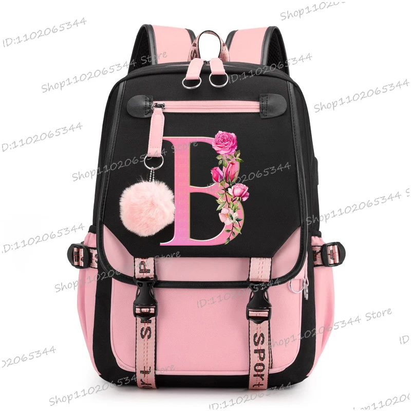 Teenage Black Pink Backpacks 26 Initials Flower A-Z Alphabet Large Capacity Harajuku Fashion Zipper Aesthetic Students Bookbag