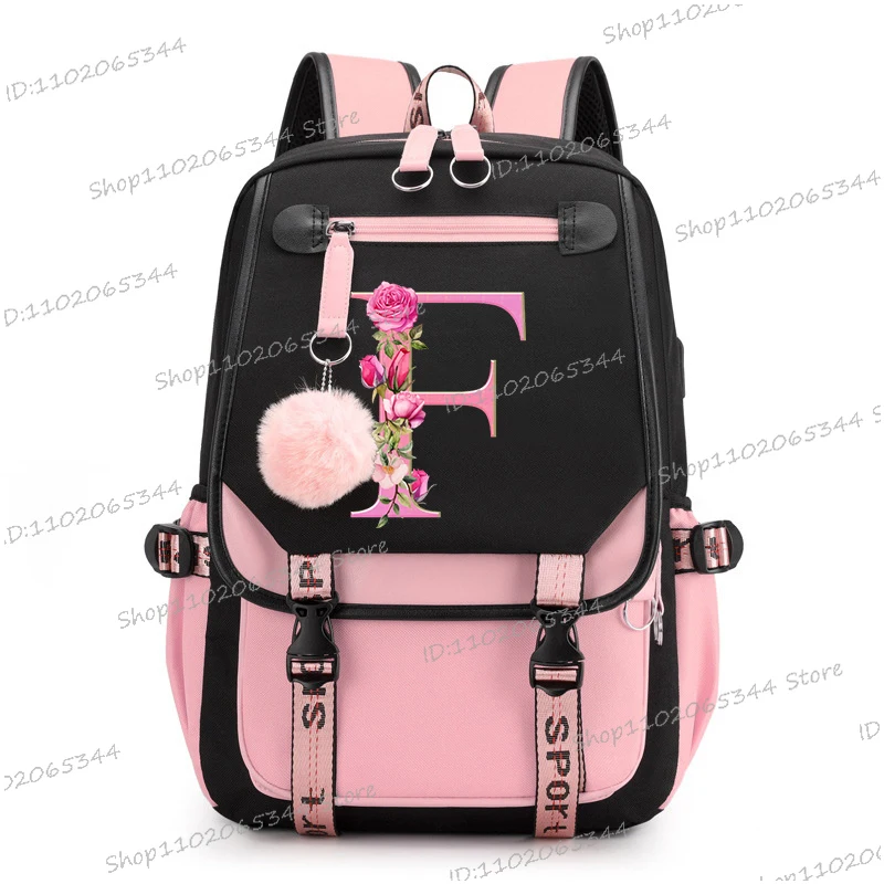 Teenage Black Pink Backpacks 26 Initials Flower A-Z Alphabet Large Capacity Harajuku Fashion Zipper Aesthetic Students Bookbag