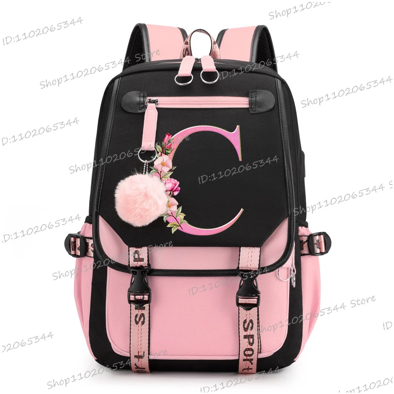 Teenage Black Pink Backpacks 26 Initials Flower A-Z Alphabet Large Capacity Harajuku Fashion Zipper Aesthetic Students Bookbag