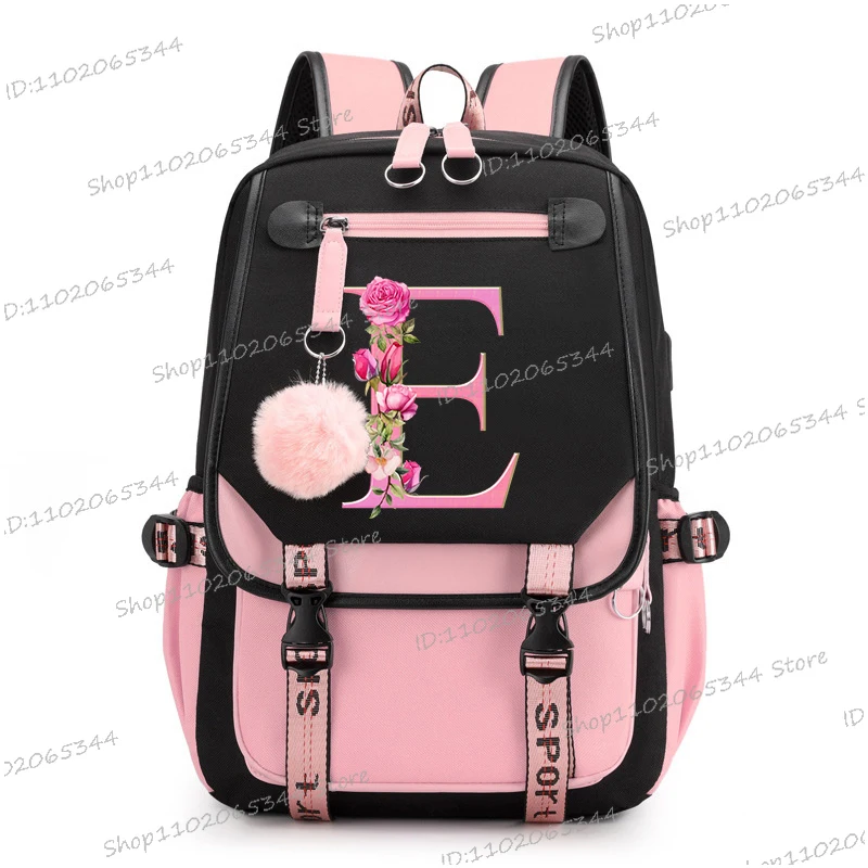 Teenage Black Pink Backpacks 26 Initials Flower A-Z Alphabet Large Capacity Harajuku Fashion Zipper Aesthetic Students Bookbag