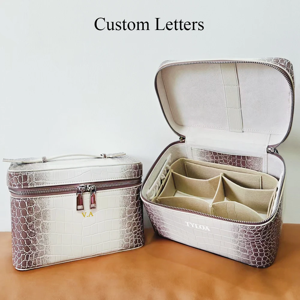 High Quality Crocodile Pattern Women Makeup Bag Custom Name Large Capacity Alligator PU Leather Travel Portable Cosmetic Box
