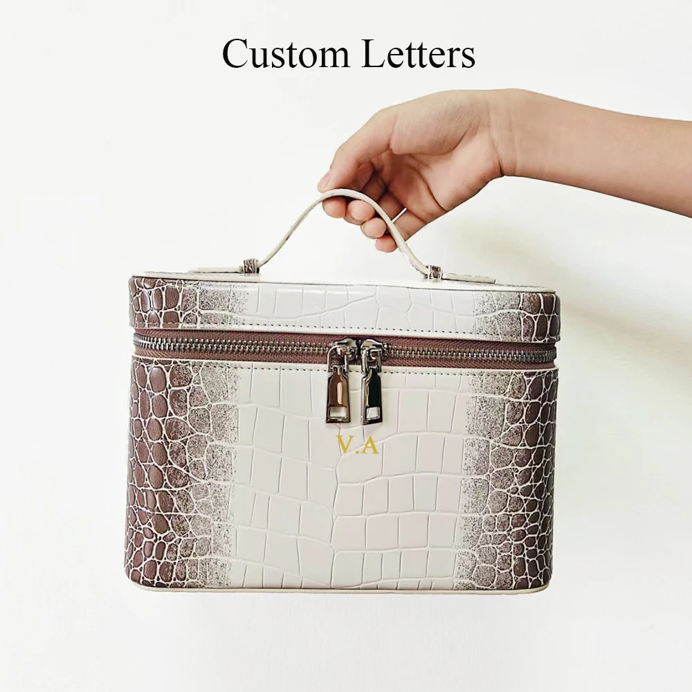 High Quality Crocodile Pattern Women Makeup Bag Custom Name Large Capacity Alligator PU Leather Travel Portable Cosmetic Box